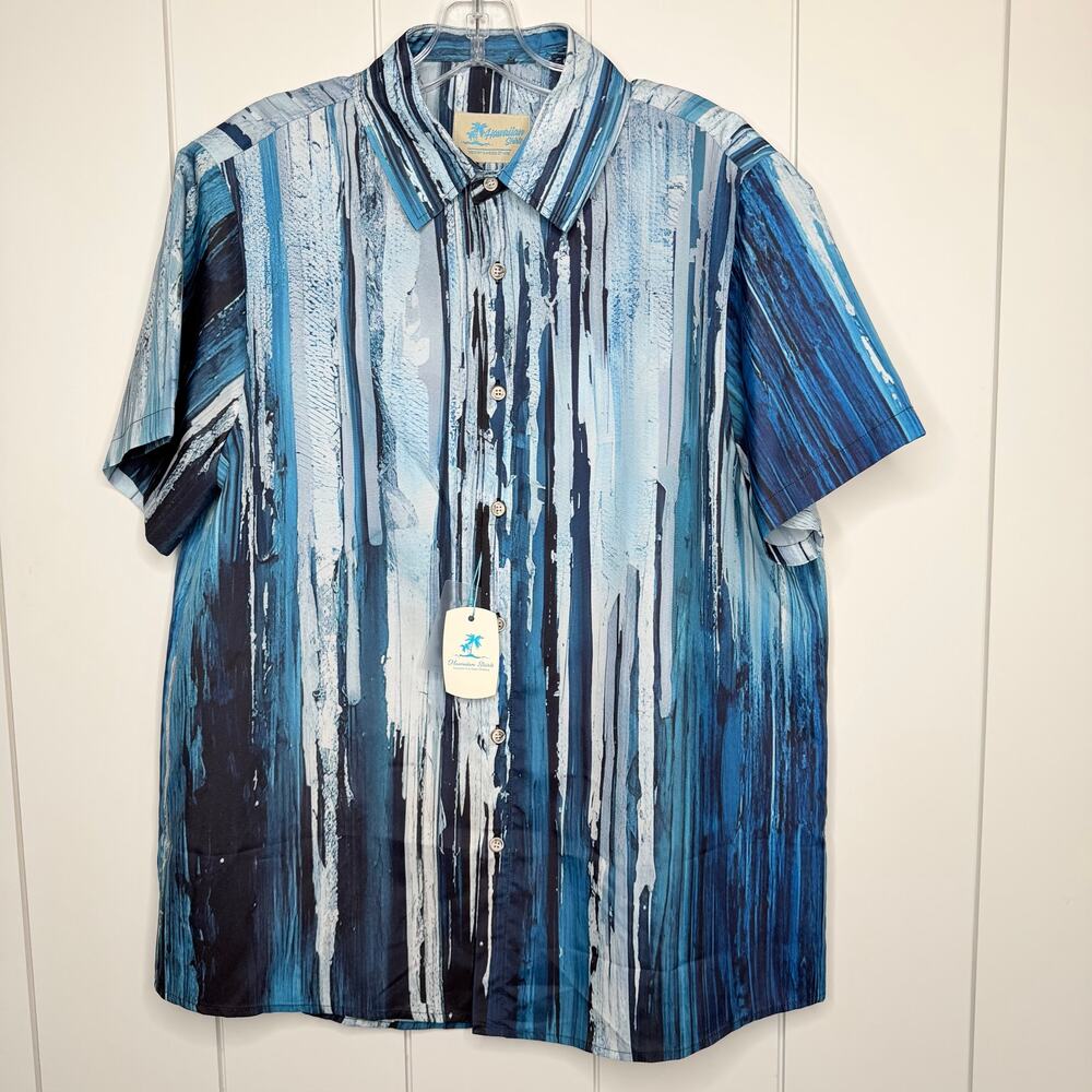 Hawaiian Shirts Blue Vertical Stripe Button Up Shirt L Lightweight Coastal